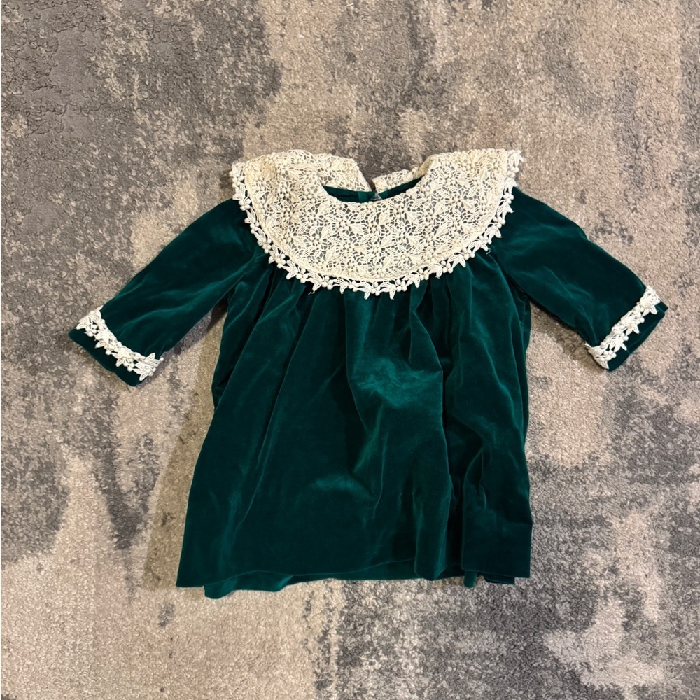 Vintage Baby Dress Emerald Green Velvet Dress with Ivory Lace Collar